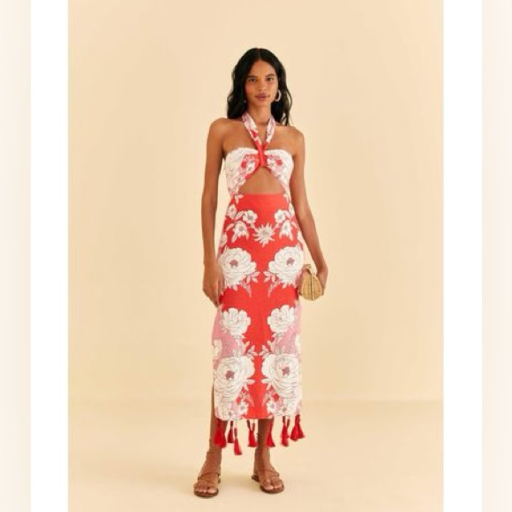 farm rio soft garden pink halter neck midi dress